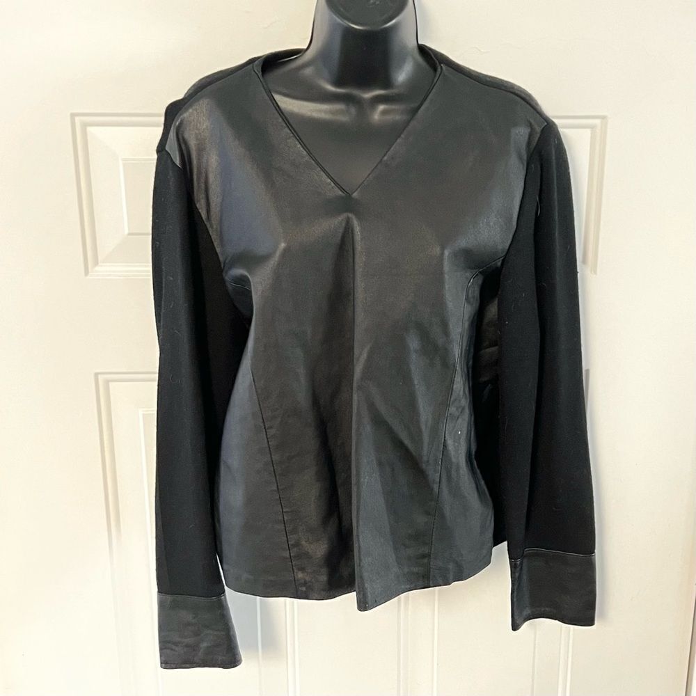VTG Santa Fe Black Leather V Neck Wool Blend Sweater  Pullover M